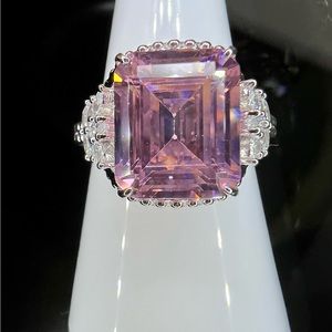 925 Sterling Silver Emerald Cut Pink CZ Ring in size 7